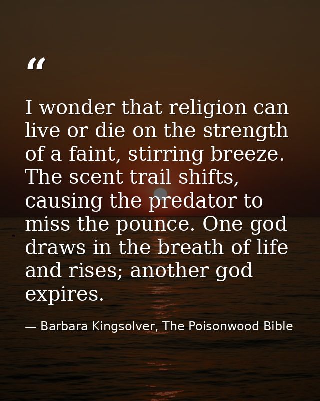 I wonder that religion can live or die on the strength of a faint, stirring breeze. The scent trail shifts, causing the  — Barbara Kingsolver, The Poisonwood Bible