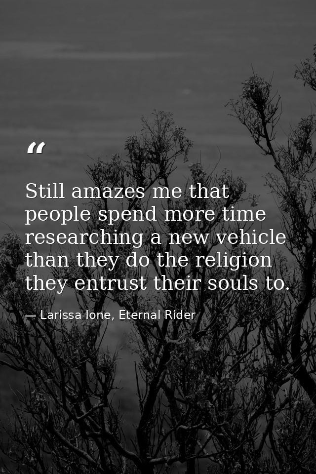 Still amazes me that people spend more time researching a new vehicle than they do the religion they entrust their souls — Larissa Ione, Eternal Rider