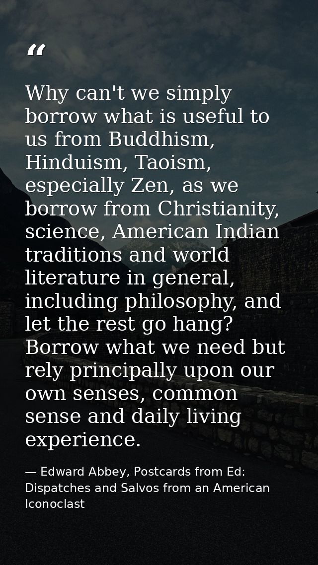 Why can't we simply borrow what is useful to us from Buddhism, Hinduism, Taoism, especially Zen, as we borrow from Chris — Edward Abbey, Postcards from Ed: Dispatches and Salvos from an American Iconoclast
