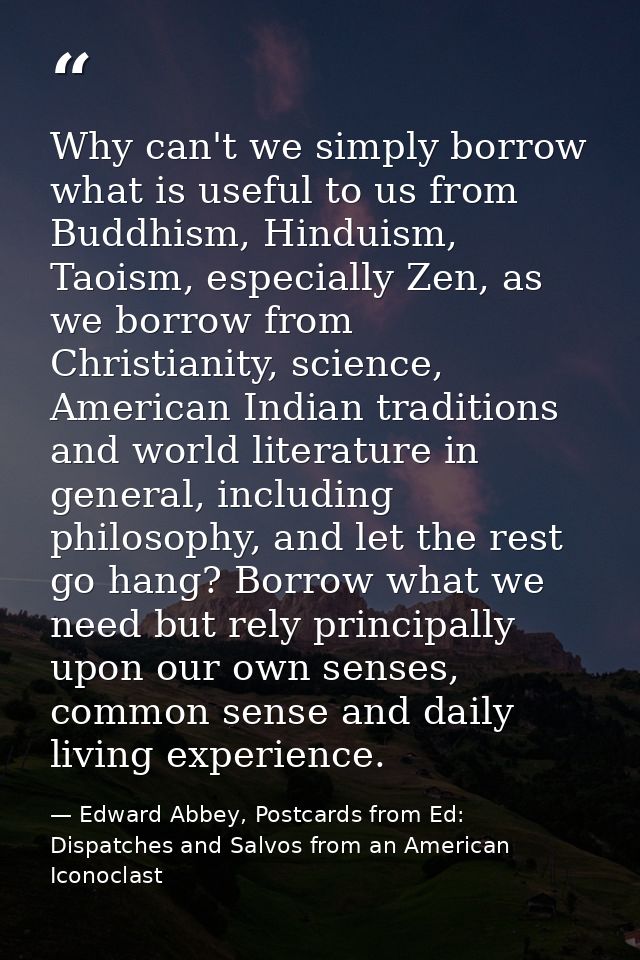 Why can't we simply borrow what is useful to us from Buddhism, Hinduism, Taoism, especially Zen, as we borrow from Chris — Edward Abbey, Postcards from Ed: Dispatches and Salvos from an American Iconoclast