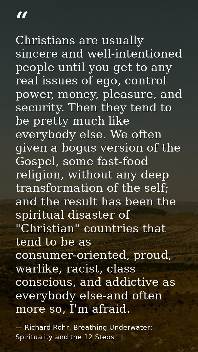 Christians are usually sincere and well-intentioned people until you get to any real issues of ego, control power, money — Richard Rohr, Breathing Underwater: Spirituality and the 12 Steps