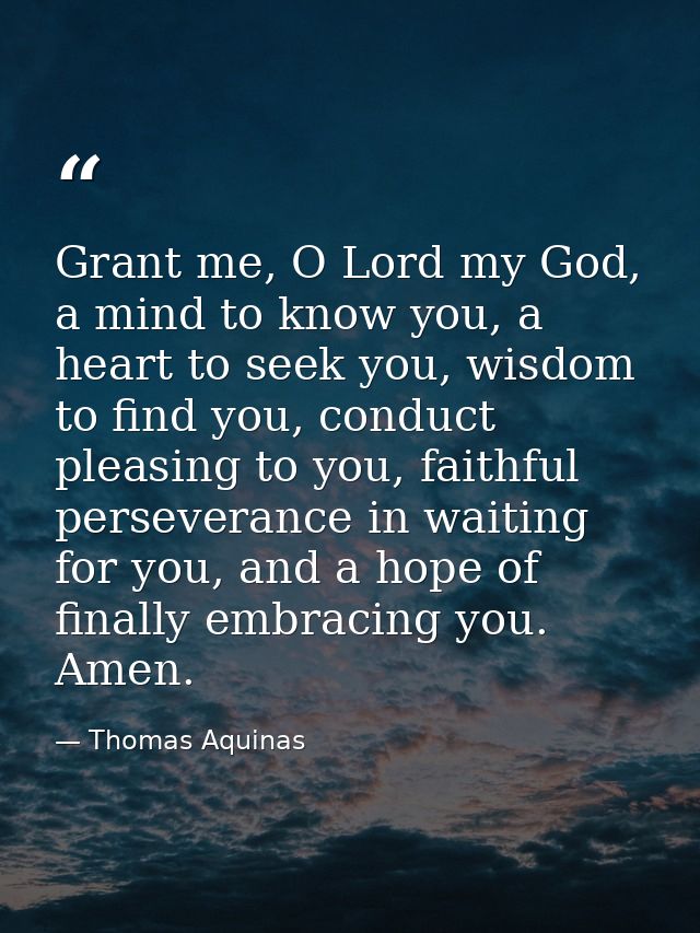 Grant me, O Lord my God, a mind to know you, a heart to seek you, wisdom to find you, conduct pleasing to you, faithful  — Thomas Aquinas