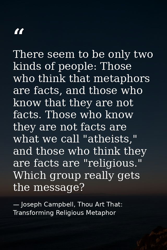 There seem to be only two kinds of people: Those who think that metaphors are facts, and those who know that they are no — Joseph Campbell, Thou Art That: Transforming Religious Metaphor