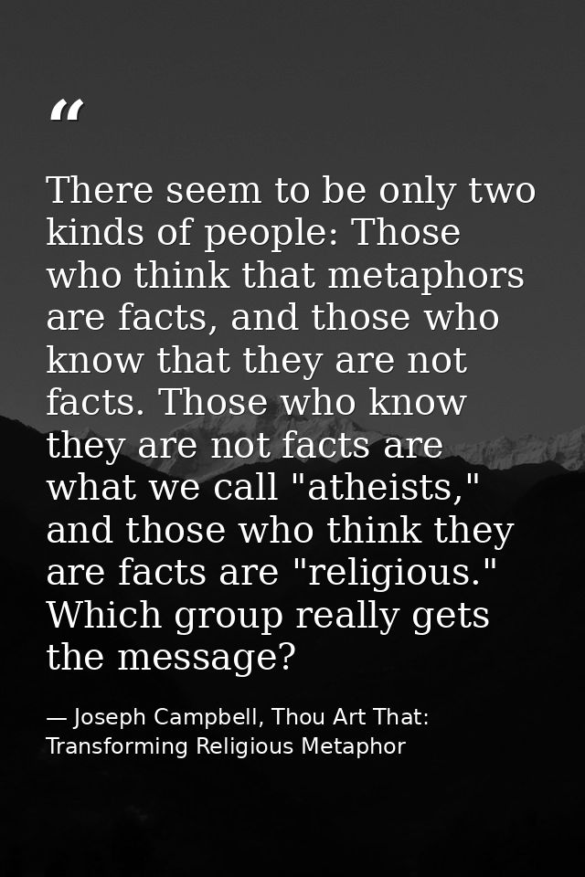 There seem to be only two kinds of people: Those who think that metaphors are facts, and those who know that they are no — Joseph Campbell, Thou Art That: Transforming Religious Metaphor