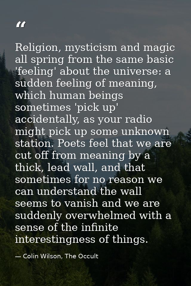 Religion, mysticism and magic all spring from the same basic 'feeling' about the universe: a sudden feeling of meaning,  — Colin Wilson, The Occult