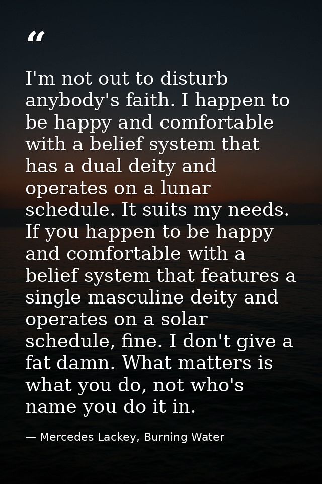 I'm not out to disturb anybody's faith. I happen to be happy and comfortable with a belief system that has a dual deity  — Mercedes Lackey, Burning Water
