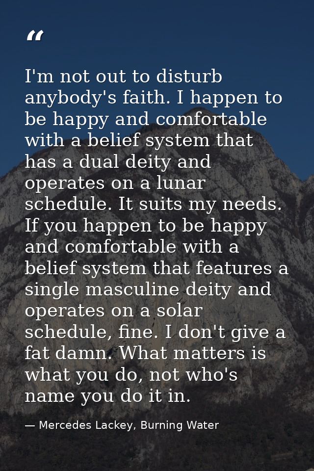 I'm not out to disturb anybody's faith. I happen to be happy and comfortable with a belief system that has a dual deity  — Mercedes Lackey, Burning Water