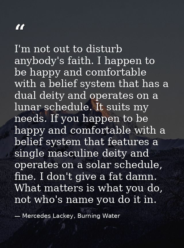 I'm not out to disturb anybody's faith. I happen to be happy and comfortable with a belief system that has a dual deity  — Mercedes Lackey, Burning Water