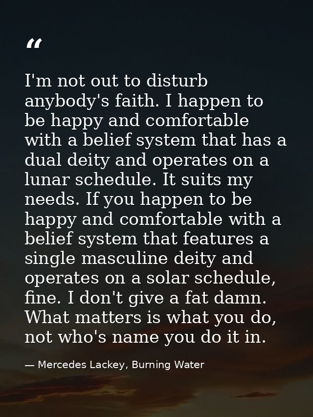 I'm not out to disturb anybody's faith. I happen to be happy and comfortable with a belief system that has a dual deity  — Mercedes Lackey, Burning Water