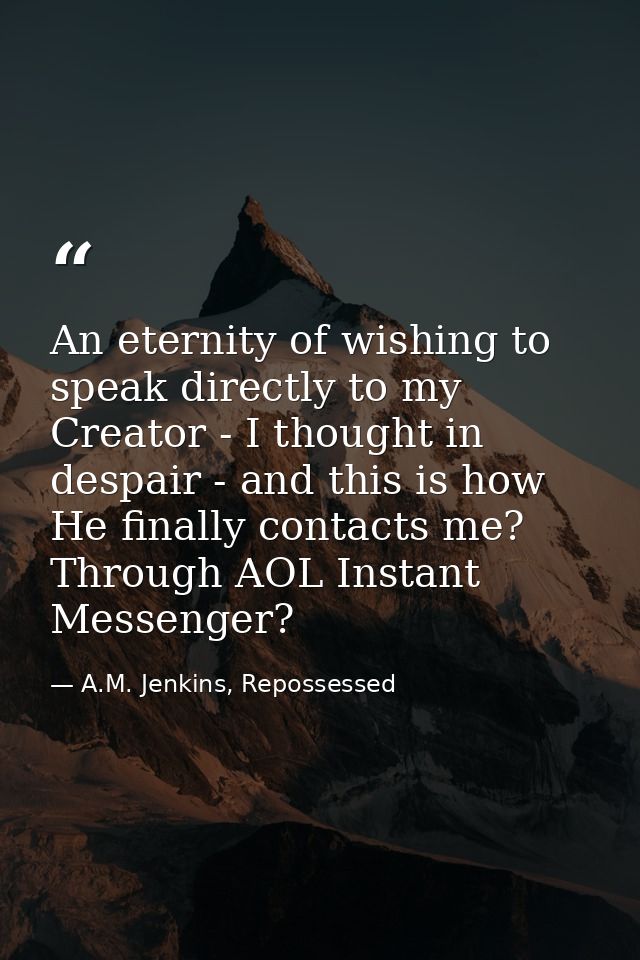 An eternity of wishing to speak directly to my Creator - I thought in despair - and this is how He finally contacts me?  — A.M. Jenkins, Repossessed