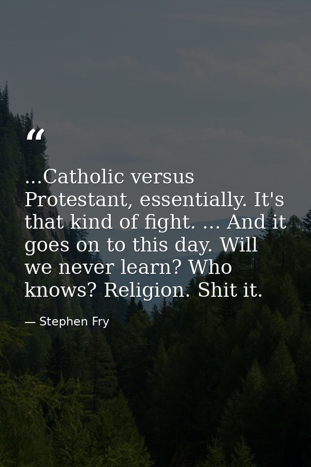 ...Catholic versus Protestant, essentially. It's that kind of fight. ... And it goes on to this day. Will we never learn — Stephen Fry