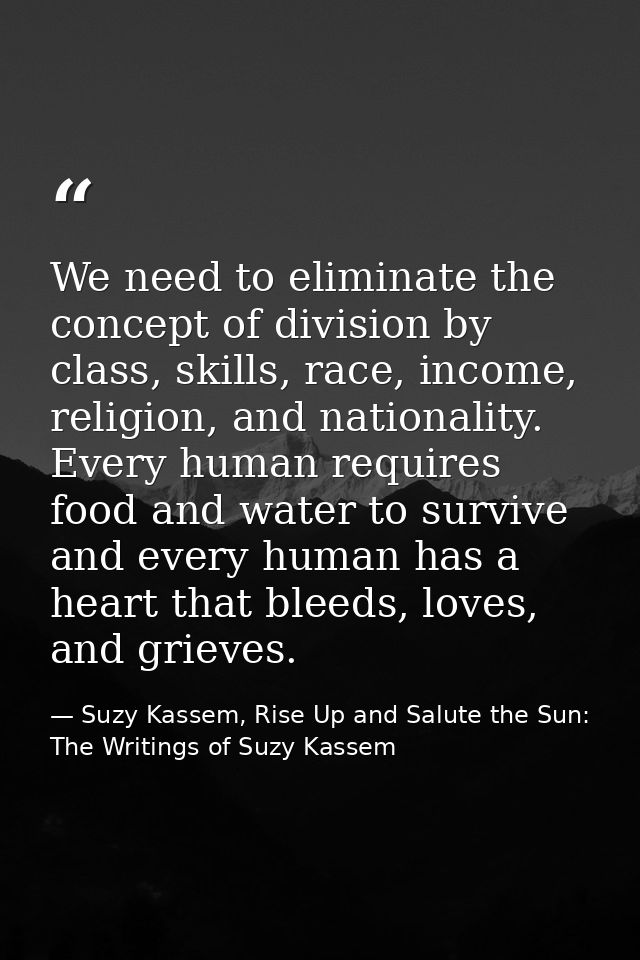 We need to eliminate the concept of division by class, skills, race, income, religion, and nationality. Every human requ — Suzy Kassem, Rise Up and Salute the Sun: The Writings of Suzy Kassem