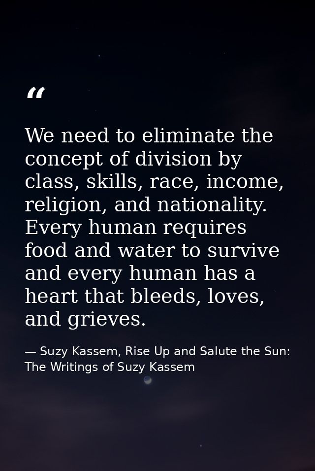 We need to eliminate the concept of division by class, skills, race, income, religion, and nationality. Every human requ — Suzy Kassem, Rise Up and Salute the Sun: The Writings of Suzy Kassem