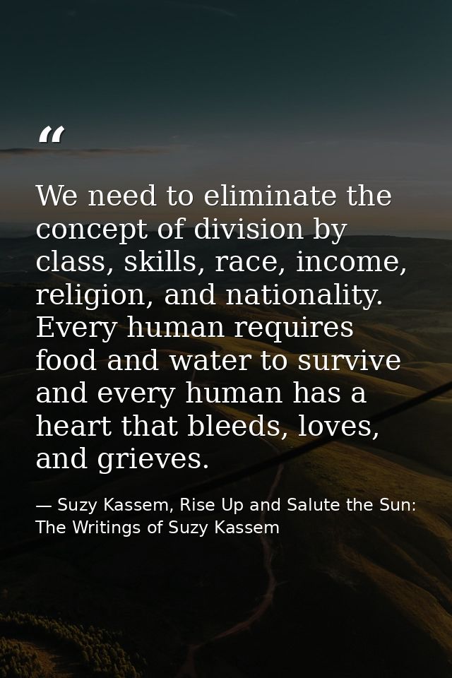We need to eliminate the concept of division by class, skills, race, income, religion, and nationality. Every human requ — Suzy Kassem, Rise Up and Salute the Sun: The Writings of Suzy Kassem