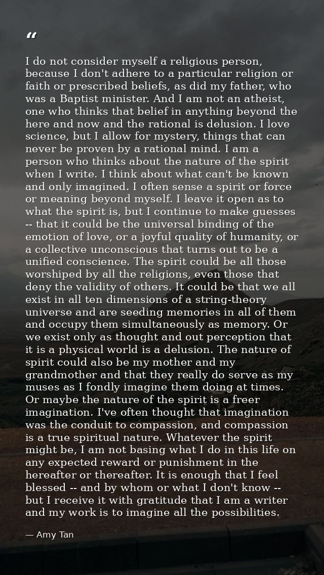I do not consider myself a religious person, because I don't adhere to a particular religion or faith or prescribed beli — Amy Tan