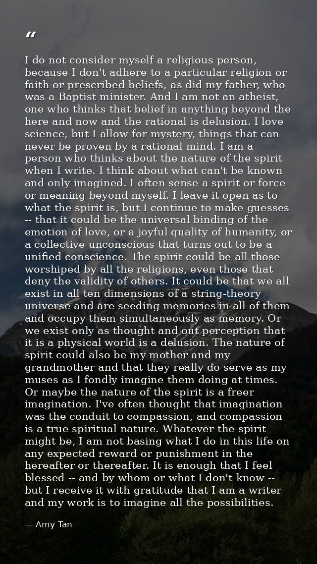 I do not consider myself a religious person, because I don't adhere to a particular religion or faith or prescribed beli — Amy Tan