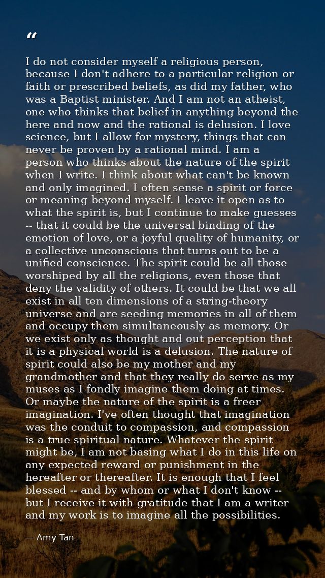 I do not consider myself a religious person, because I don't adhere to a particular religion or faith or prescribed beli — Amy Tan