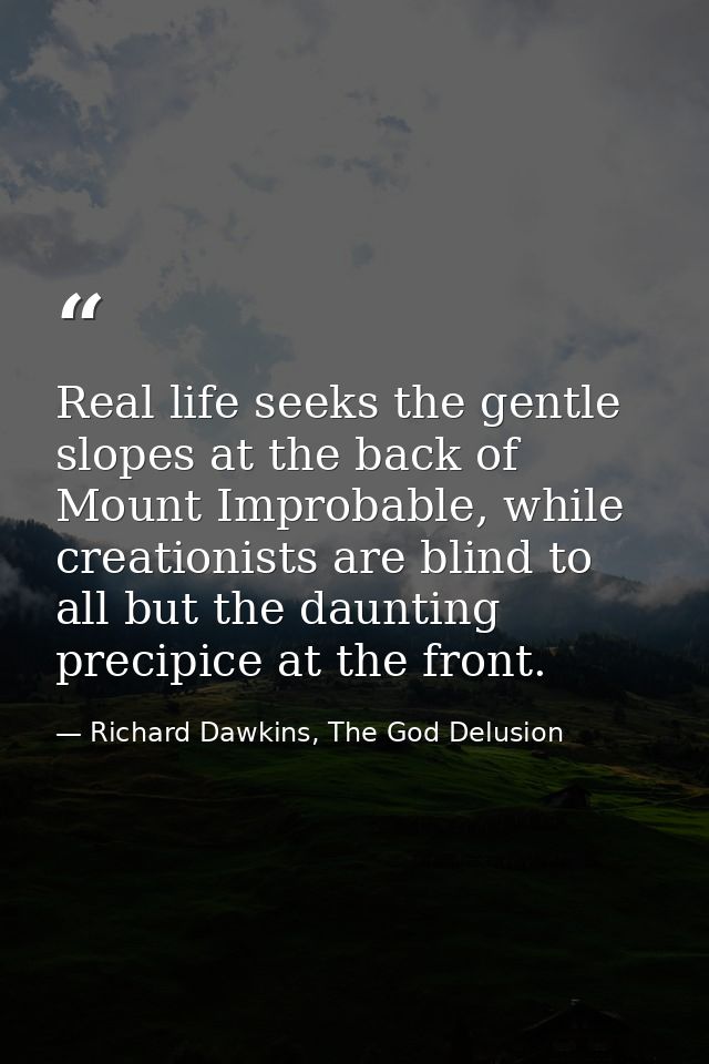 Real life seeks the gentle slopes at the back of Mount Improbable, while creationists are blind to all but the daunting  — Richard Dawkins, The God Delusion