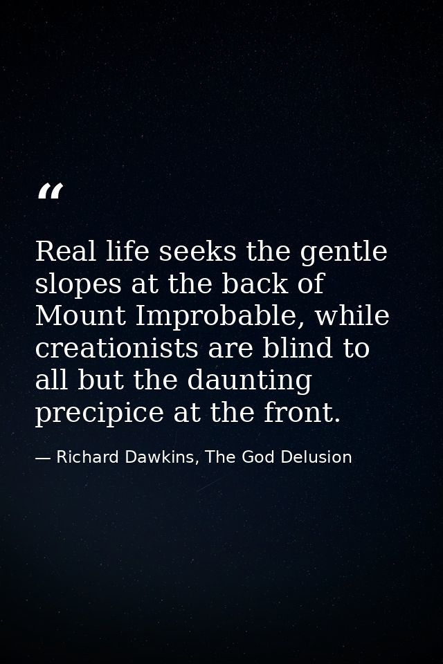 Real life seeks the gentle slopes at the back of Mount Improbable, while creationists are blind to all but the daunting  — Richard Dawkins, The God Delusion