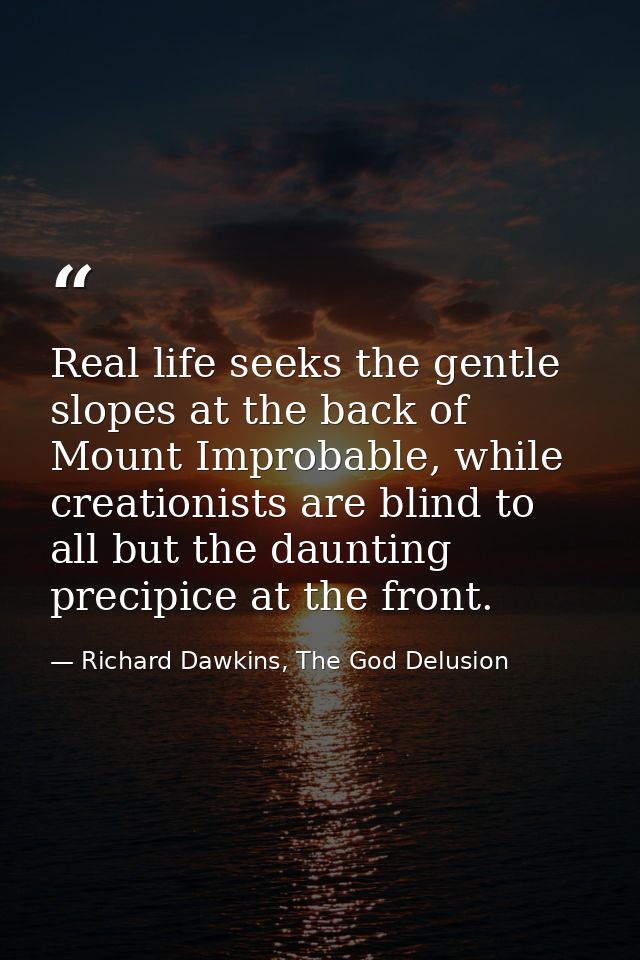 Real life seeks the gentle slopes at the back of Mount Improbable, while creationists are blind to all but the daunting  — Richard Dawkins, The God Delusion