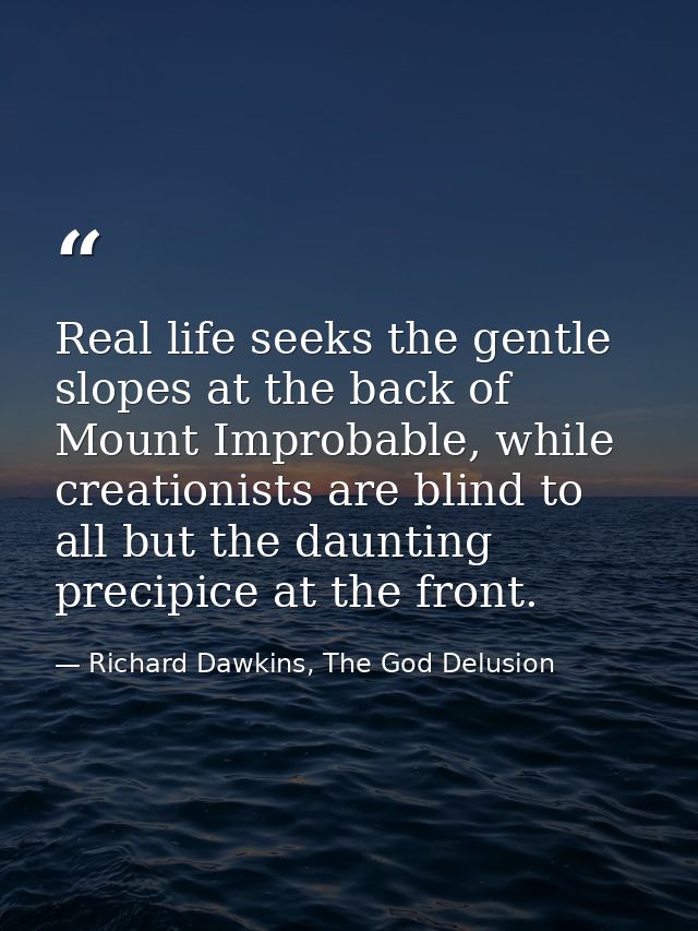 Real life seeks the gentle slopes at the back of Mount Improbable, while creationists are blind to all but the daunting  — Richard Dawkins, The God Delusion
