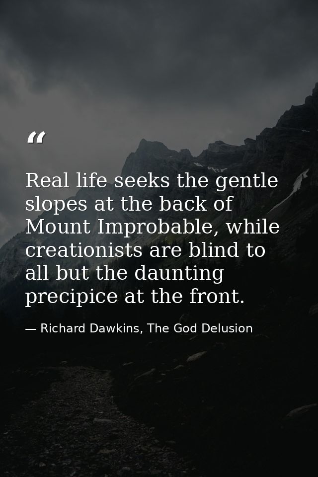 Real life seeks the gentle slopes at the back of Mount Improbable, while creationists are blind to all but the daunting  — Richard Dawkins, The God Delusion