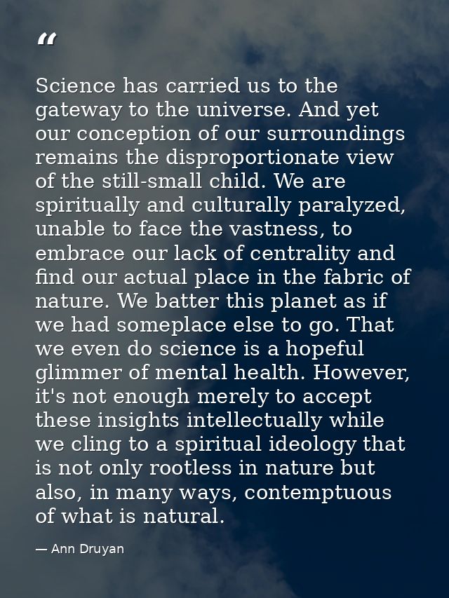 Science has carried us to the gateway to the universe. And yet our conception of our surroundings remains the disproport — Ann Druyan