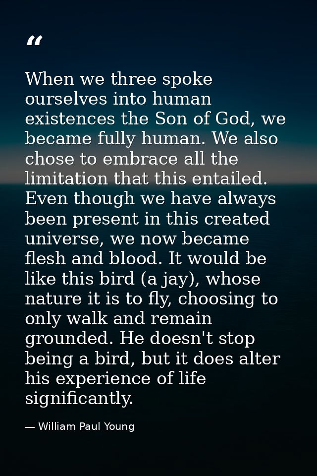 When we three spoke ourselves into human existences the Son of God, we became fully human. We also chose to embrace all  — William Paul Young