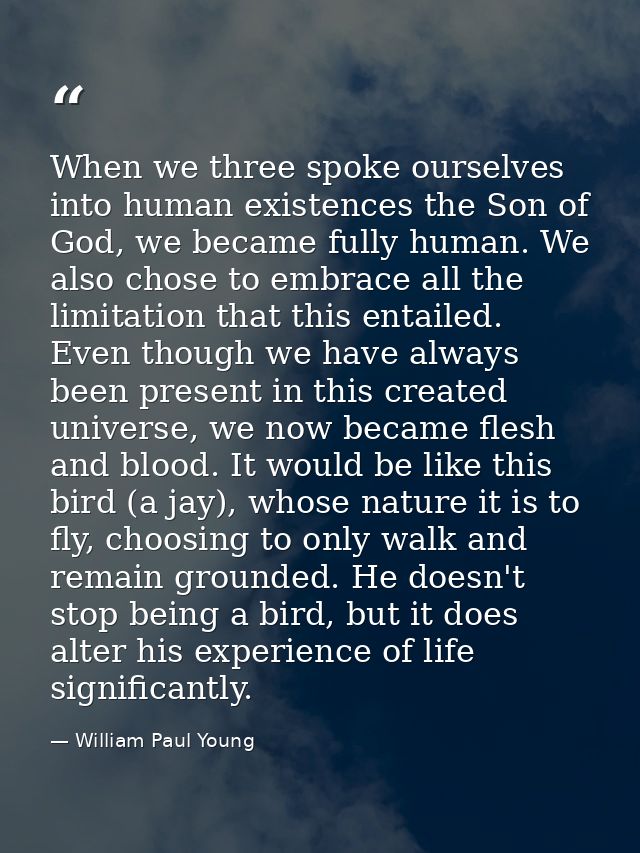 When we three spoke ourselves into human existences the Son of God, we became fully human. We also chose to embrace all  — William Paul Young