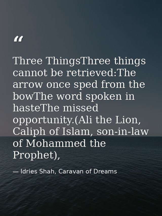 Three ThingsThree things cannot be retrieved:The arrow once sped from the bowThe word spoken in hasteThe missed opportun — Idries Shah, Caravan of Dreams