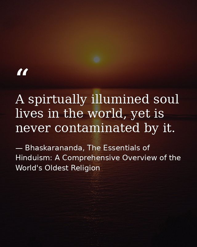 A spirtually illumined soul lives in the world, yet is never contaminated by it. — Bhaskarananda, The Essentials of Hinduism: A Comprehensive Overview of the World's Oldest Religion