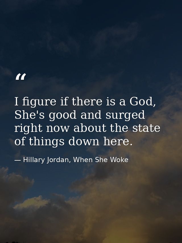 I figure if there is a God, She's good and surged right now about the state of things down here. — Hillary Jordan, When She Woke