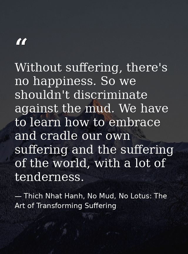 Without suffering, there's no happiness. So we shouldn't discriminate against the mud. We have to learn how to embrace a — Thich Nhat Hanh, No Mud, No Lotus: The Art of Transforming Suffering