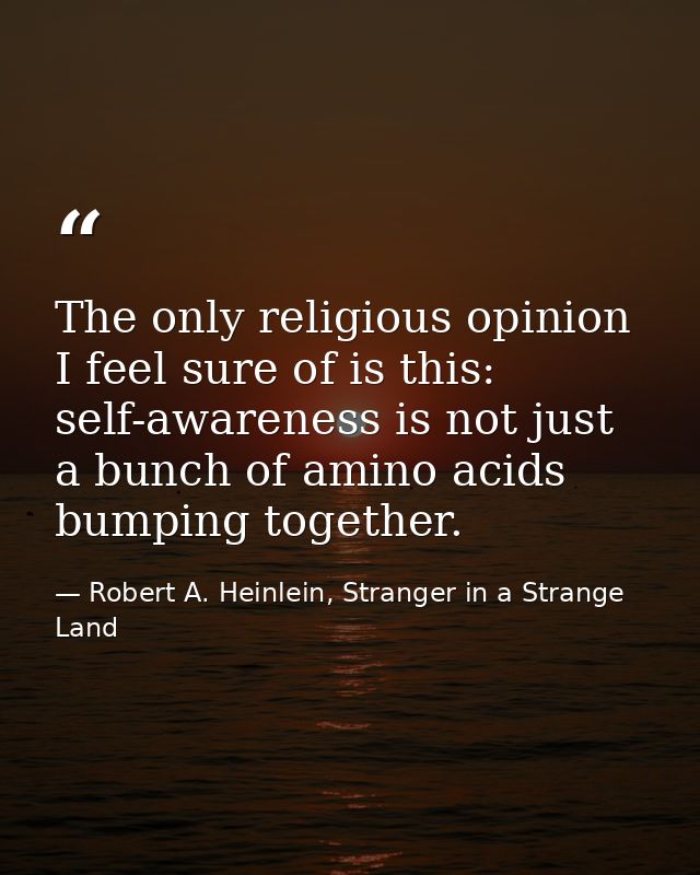 The only religious opinion I feel sure of is this: self-awareness is not just a bunch of amino acids bumping together. — Robert A. Heinlein, Stranger in a Strange Land