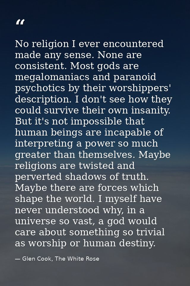 No religion I ever encountered made any sense. None are consistent. Most gods are megalomaniacs and paranoid psychotics  — Glen Cook, The White Rose
