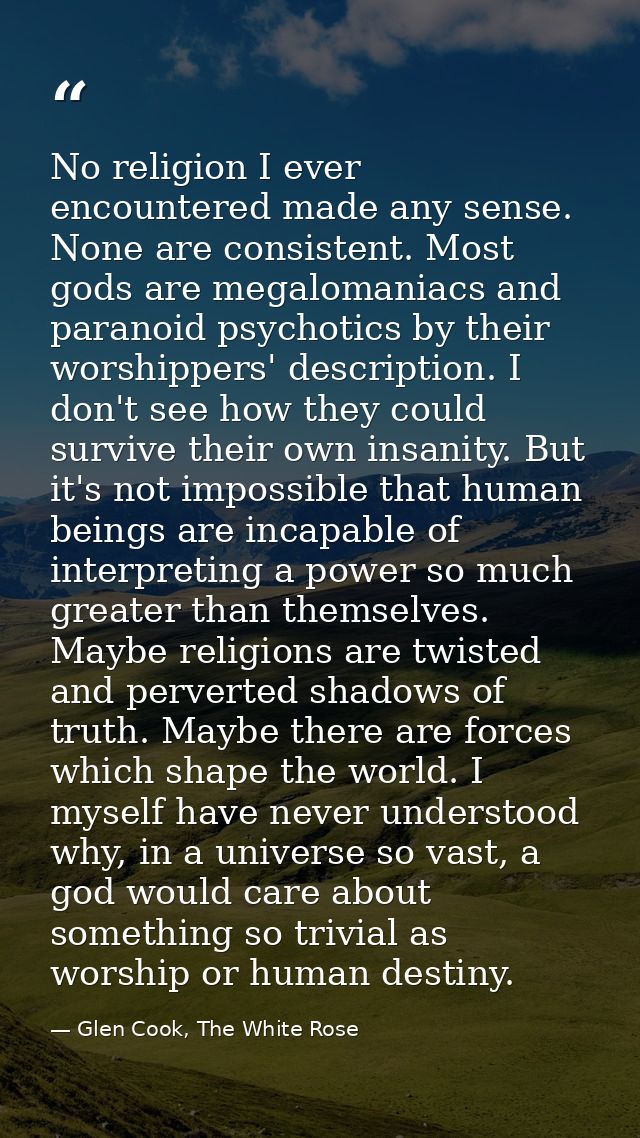 No religion I ever encountered made any sense. None are consistent. Most gods are megalomaniacs and paranoid psychotics  — Glen Cook, The White Rose