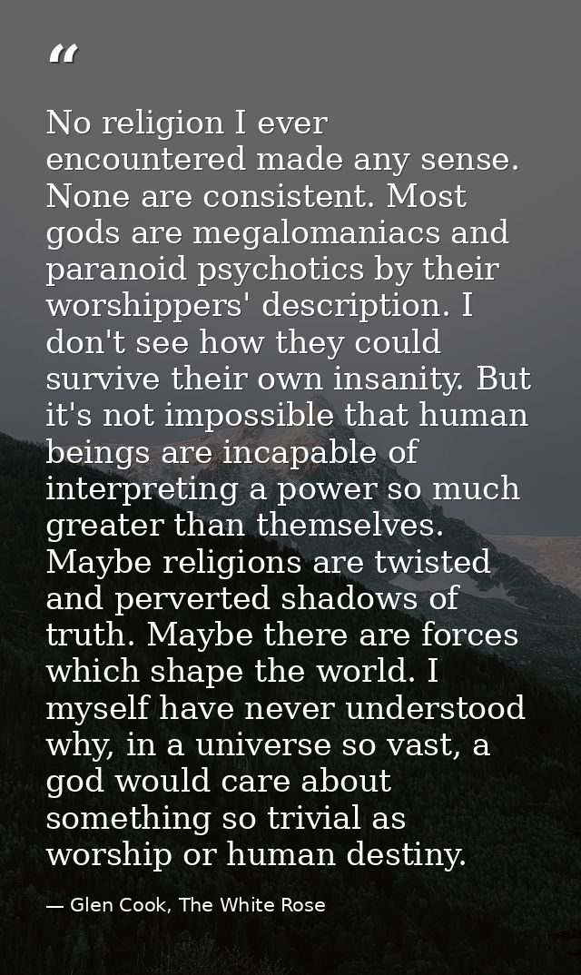 No religion I ever encountered made any sense. None are consistent. Most gods are megalomaniacs and paranoid psychotics  — Glen Cook, The White Rose