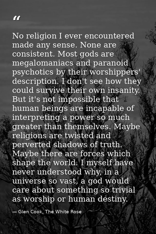No religion I ever encountered made any sense. None are consistent. Most gods are megalomaniacs and paranoid psychotics  — Glen Cook, The White Rose