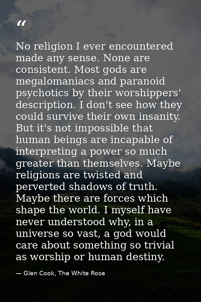 No religion I ever encountered made any sense. None are consistent. Most gods are megalomaniacs and paranoid psychotics  — Glen Cook, The White Rose