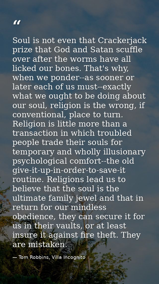 Soul is not even that Crackerjack prize that God and Satan scuffle over after the worms have all licked our bones. That' — Tom Robbins, Villa Incognito