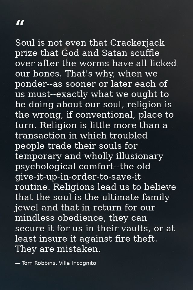Soul is not even that Crackerjack prize that God and Satan scuffle over after the worms have all licked our bones. That' — Tom Robbins, Villa Incognito