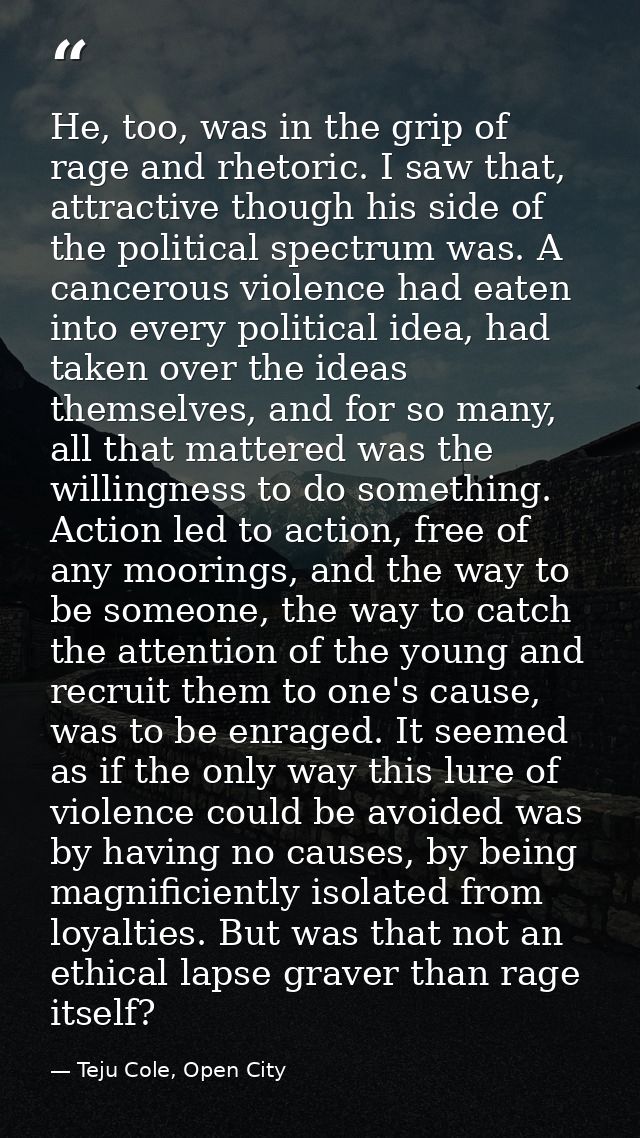 He, too, was in the grip of rage and rhetoric. I saw that, attractive though his side of the political spectrum was. A c — Teju Cole, Open City