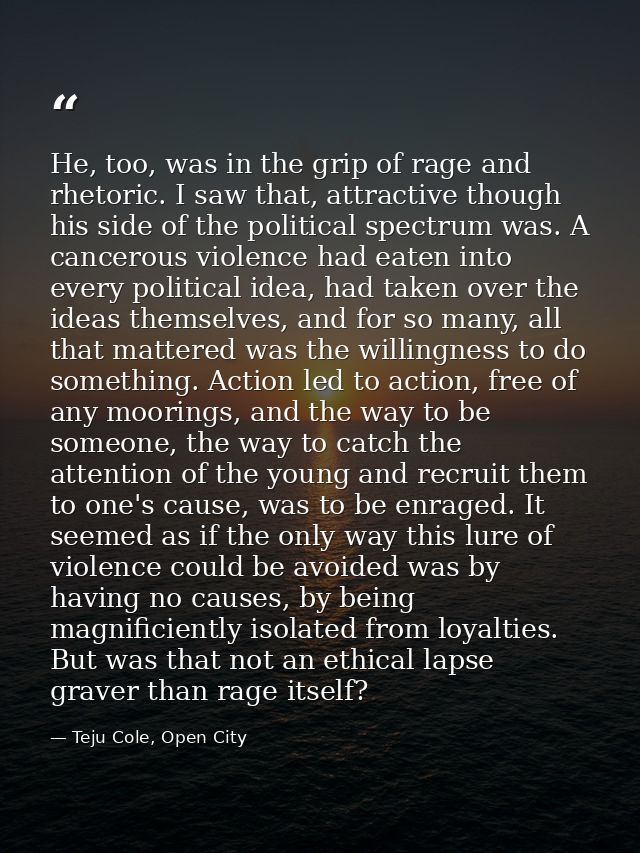 He, too, was in the grip of rage and rhetoric. I saw that, attractive though his side of the political spectrum was. A c — Teju Cole, Open City