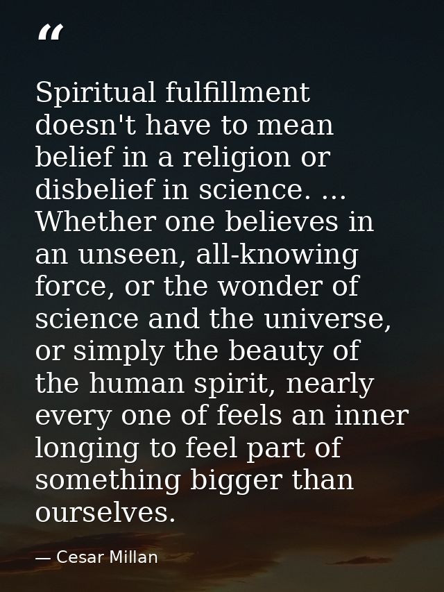 Spiritual fulfillment doesn't have to mean belief in a religion or disbelief in science. ... Whether one believes in an  — Cesar Millan