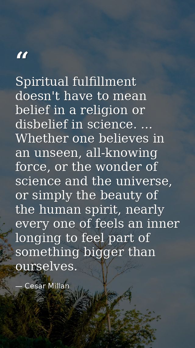 Spiritual fulfillment doesn't have to mean belief in a religion or disbelief in science. ... Whether one believes in an  — Cesar Millan
