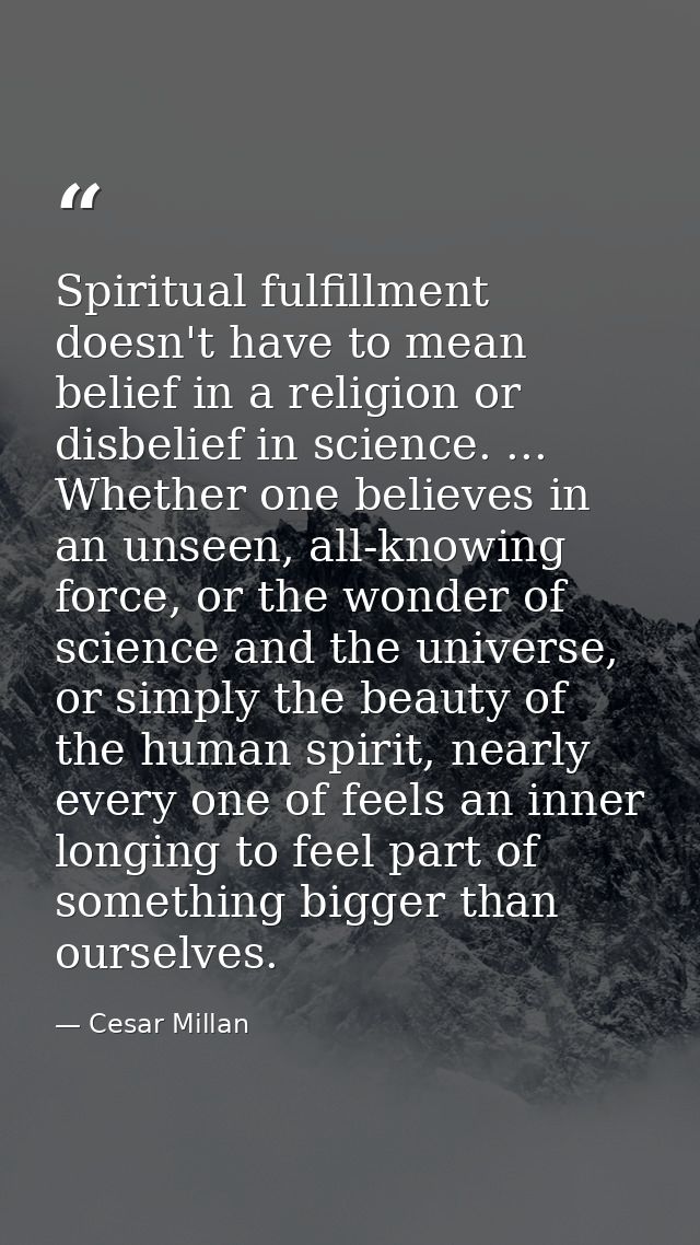 Spiritual fulfillment doesn't have to mean belief in a religion or disbelief in science. ... Whether one believes in an  — Cesar Millan
