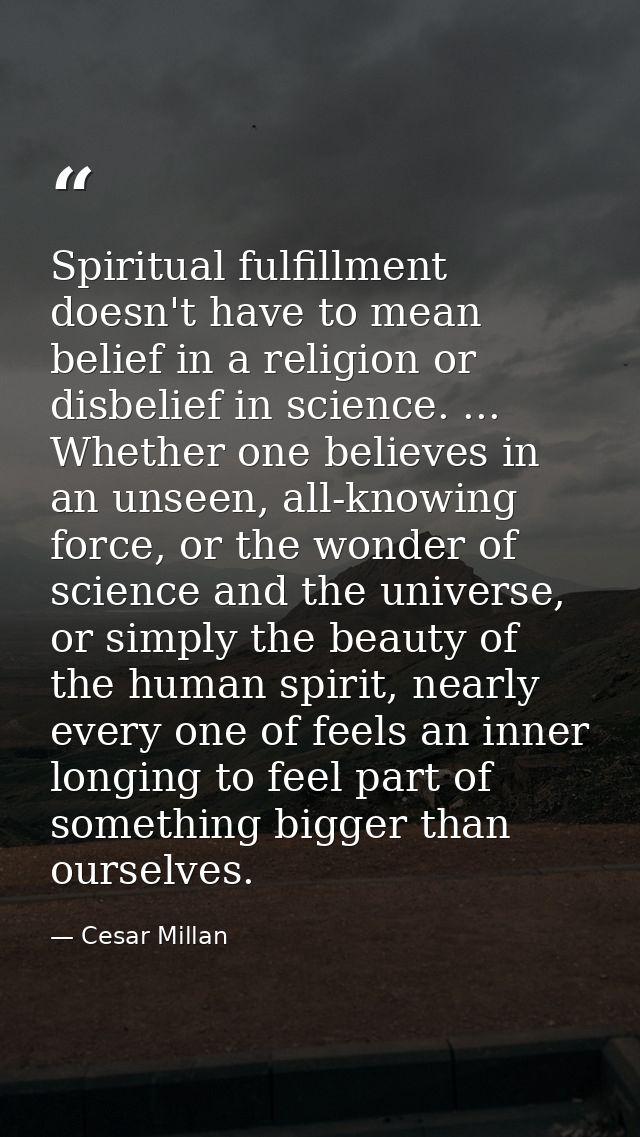 Spiritual fulfillment doesn't have to mean belief in a religion or disbelief in science. ... Whether one believes in an  — Cesar Millan