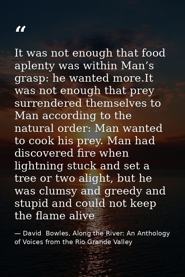 It was not enough that food aplenty was within Man’s grasp: he wanted more.It was not enough that prey surrendered thems — David  Bowles, Along the River: An Anthology of Voices from the Rio Grande Valley