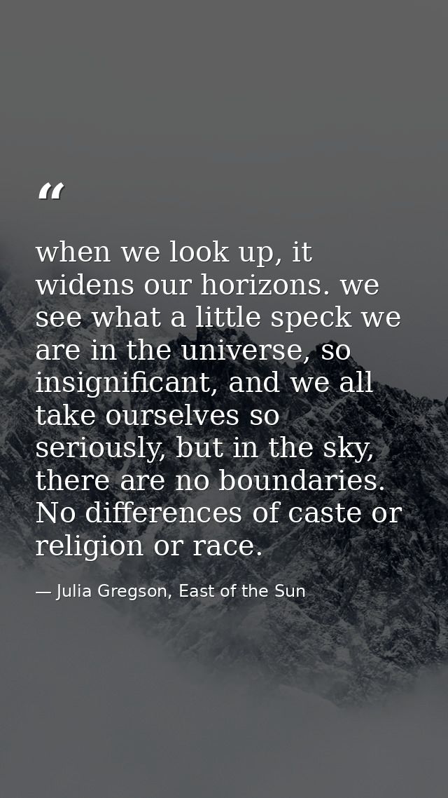 when we look up, it widens our horizons. we see what a little speck we are in the universe, so insignificant, and we all — Julia Gregson, East of the Sun