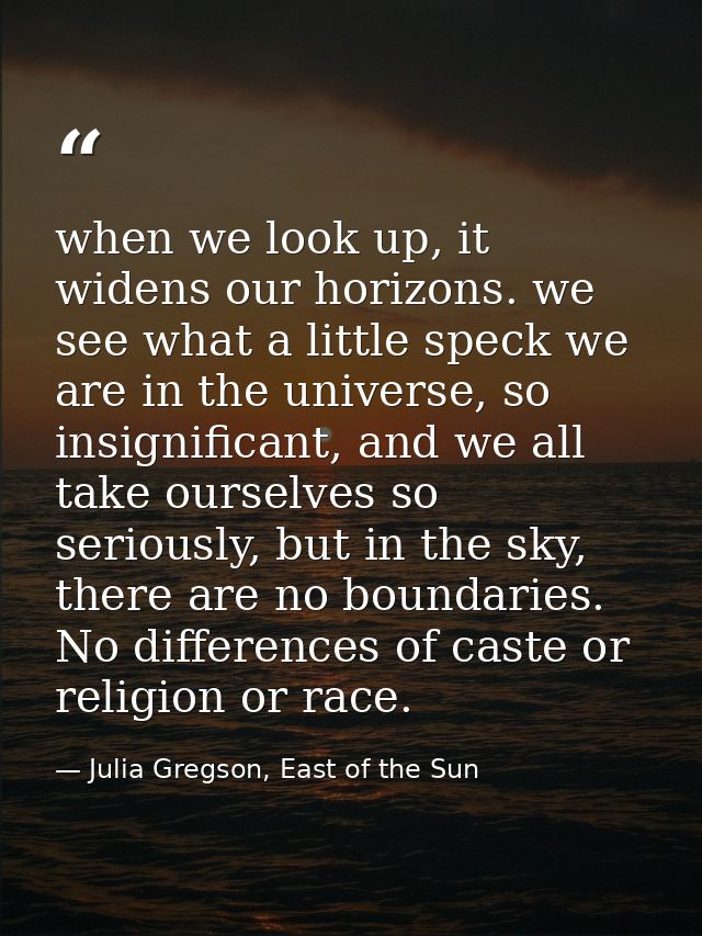 when we look up, it widens our horizons. we see what a little speck we are in the universe, so insignificant, and we all — Julia Gregson, East of the Sun